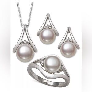 NEW 3 piece pearl and diamond jewelry set (earrings, ring size 7, necklace)